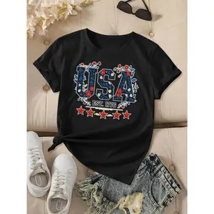Women's Patriotic American 1776 Retro Pattern T-Shirt - Short-sleeved crew neck casual top, Stars and Stripes design, comfortable all seasons, machine washable, sizes S-3XL, American flag T-shirt