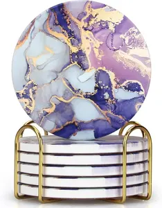 Purple Agate Coasters with Holder Drink Coaster Set of 6 Modern Marble Coasters