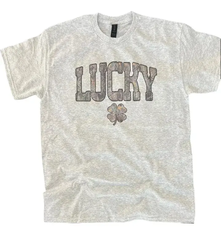 Camo Print LUCKY on Ash Gray Shirt
