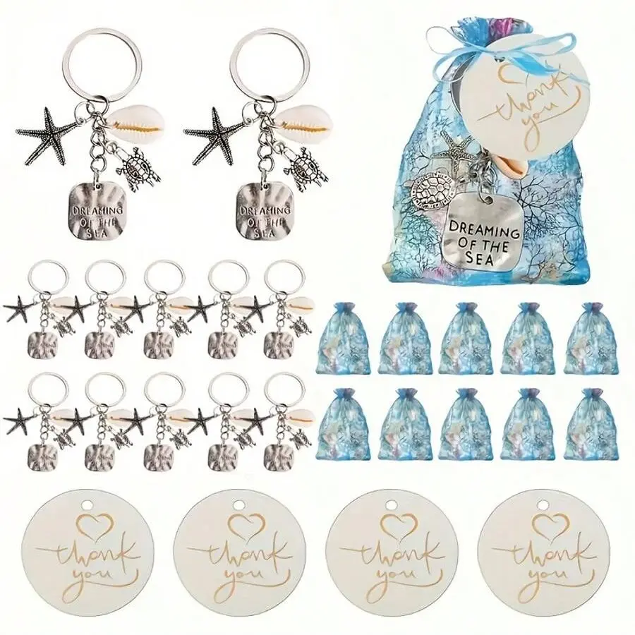 30pcs Sea Turtle Shell Starfish Keychain Pendant Gift Set, 10pcs Keychains, 10pcs Coral Bags, 10pcs Thank You Tags, Nautical Ocean Blue Theme Party Favors