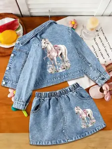 Girls' Horse-Print Denim Jacket & Skirt Set, Spring/autumn Romantic, Loose-Fitting, Random Pattern, Valentine's Day Style