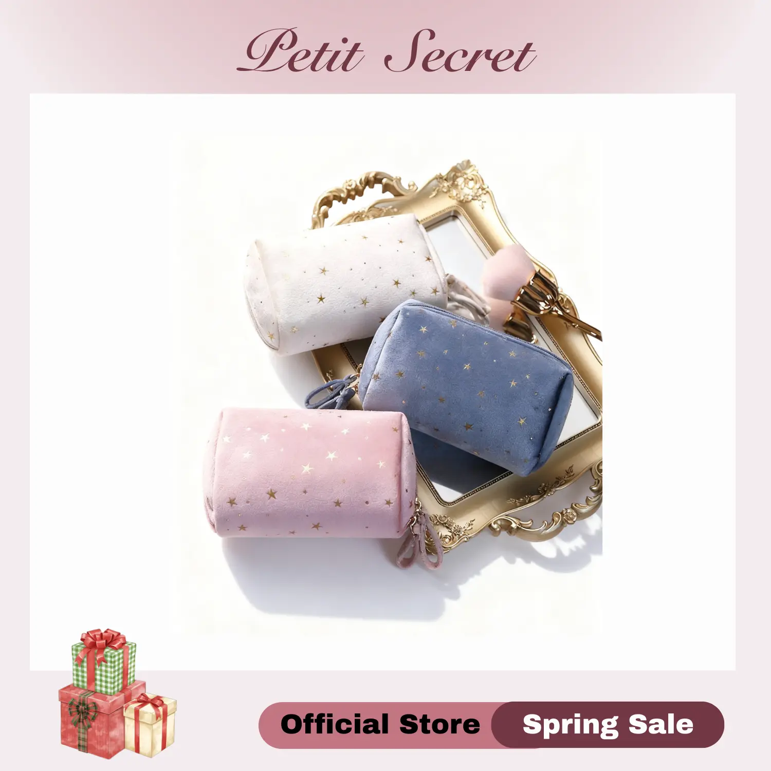 Viral Velvet Makeup Bag with Gold Stars - Aesthetic Cosmetic Pouch for Women,multifunctional storage bag Portable Travel Toiletry Organizer for Lipstick, Perfume, Jewelry & Coins | Luxury Gift Idea for Her