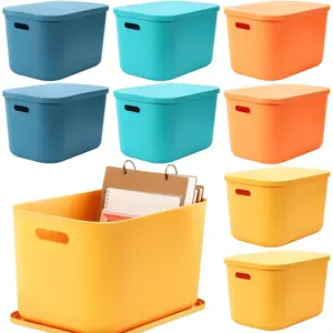 Hoolerry 8 Pieces Colorful Storage Bins with Lid, Plastic Storage Basket Organizing Container Stackable Box with Handle for Shelves Desktop Playroom Office(14.2 x 10.2 x 9.5 Inch,Multi-colored)