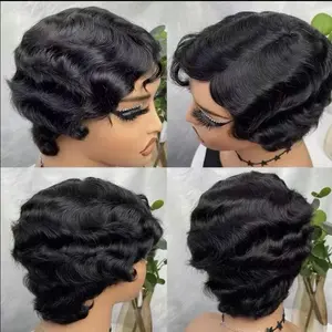 Human Hair Finger Wave Wigs Short Wavy Finger Wave Pixie Cut Wigs full machine Wavy Wig Brazilian Human Hair Wigs Finger Ocean Wave Wig 180% Density#SummerVibes