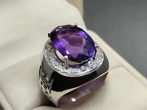 Oval Cut 18 Carat Deep Purple Lab Amethyst Sterling Silver 925 Handmade Men's Lattice Ring