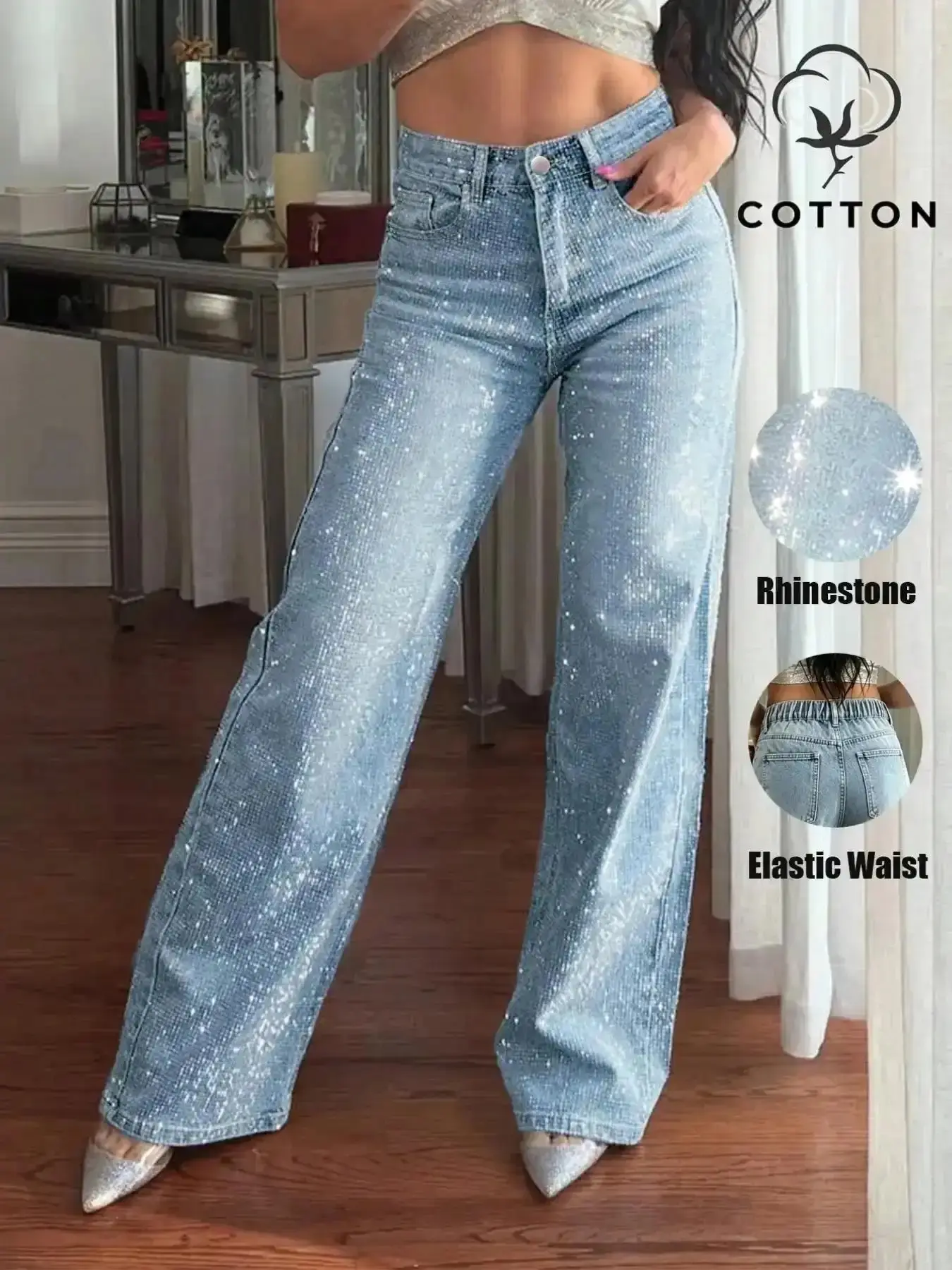Fashion High Women's Waist Rhinestone Button Light Wash Denim Jeans Pants Wide Leg Design for All Body Types Daily Commute Dates Streetwear essential denim casual street vintage wash urban style go to piece