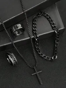 Men's 4-Piece Minimalist Cross Set (necklace + Bracelet + 2 Rings), Fashion Daily Accessory, Ideal Gift