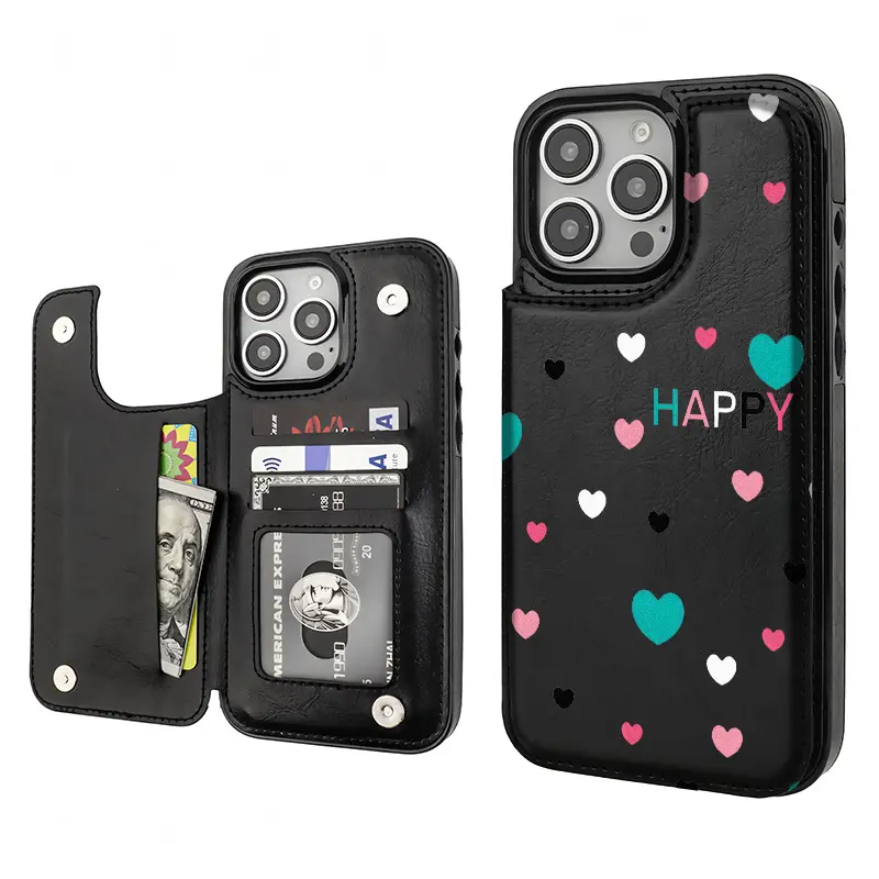 Colorful heart shape Aesthetics Pattern Phone Cases Compatible For With iphone 17 16 15 14 13 12 PRO PLUS MAX Air PU Brown Durable Flip High quality Leather Credit Card Bag Holder Gift Wallet Shockproof Anti-Drop Full Protection Phone Cases Shell Cover