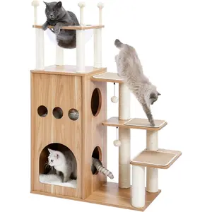 Modern Cat Tree for Large Cat Wood Cat Tower Heavy Duty with Scratch Post for Indoor Big Cats, 51" Extra Tall Cat Condo Sturdy Frisco Castle with Clear Bowl for Kittens Maine Coon 20Lbs