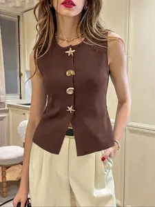 Women's Brown Sleeveless Knit Vest Top, Elegant Round Neck Gold Seashell Button Fitted Cardigan for Summer, Womenswear, Fashion Women's Chic Knitwear for Daily Wear
