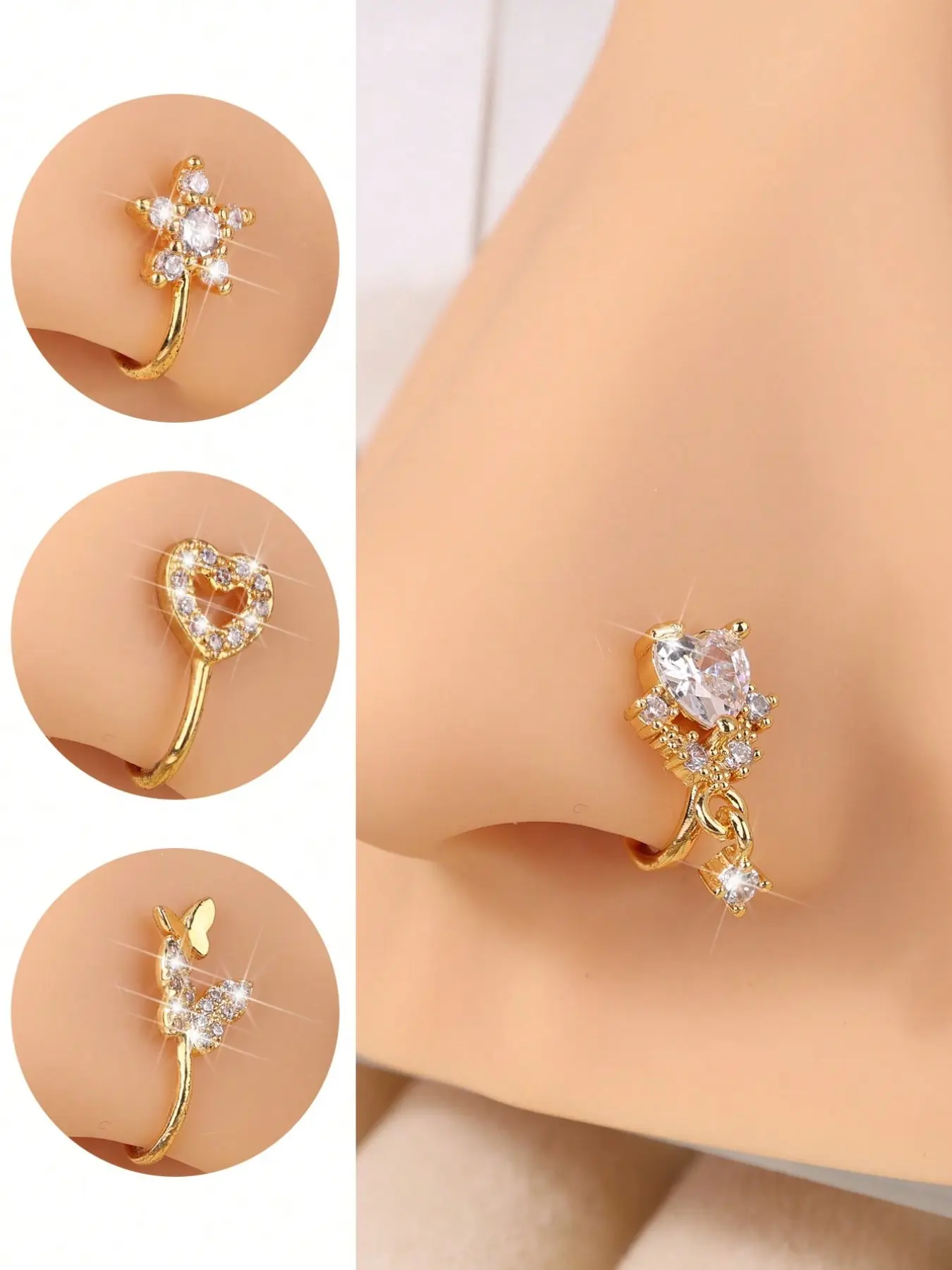 4 Piece Set Rhinestone Copper Alloy Heart Cross Flower L-Shaped Stainless Steel Nose Rings, Women's Fashion Non-Piercing Nose Clips