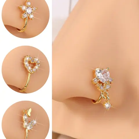 4 Piece Set Rhinestone Copper Alloy Heart Cross Flower L-Shaped Stainless Steel Nose Rings, Women's Fashion Non-Piercing Nose Clips, Faux Nose Piercing