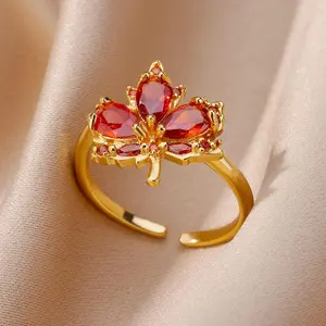Zircon Maple Leaf Rings For Women Stainless Steel Gold Color Opening Plant Ring Fashion Korean Wedding Party Jewerly Gift 2025