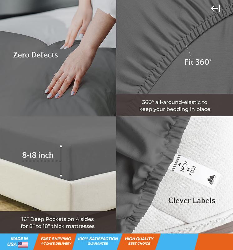 High Thread Count Best Bed Sheets 100% Egyptian Cotton Sheets Set Dark Grey Long-Staple Cotton Queen Sheet for Bed, Fits Mattress Upto 18'' Deep Pocket, Soft & Silky Sateen Weave Sheets