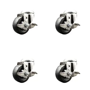 Hard Rubber Swivel Bolt Hole Caster Set of 4 with 3 Inch Black Caster Wheels - 316 Stainless Steel Casters-Includes 4 Swivel Casters with Top Lock Brakes-1,100 lbs. Total Capacity-Service Caster Brand
