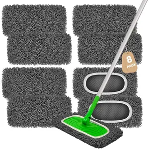 8 Pack Chenille Mop Pads,  Microfiber Mop Refills for 10''-12'' Flat Mops, Washable Wet & Dry Floor Pads for Hardwood, Tile, Compatible with  Sweeper(Gray)