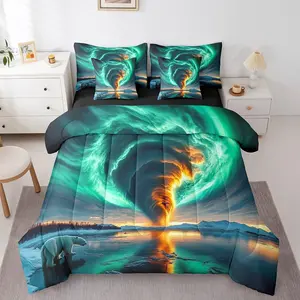 Aurora Tornado Comforter Set for Boys,Turquoise Northern Light Bedding Set,7Pcs for Kids Adults,Polar Bear Bed in a Bag
