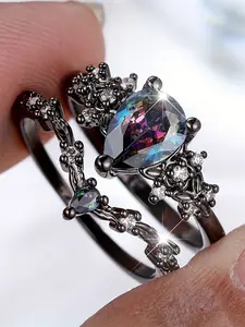 2 Pcs/Set Gorgeous Cubic Zirconia Ring Set Stackable Rings For Women For Wedding Engagement Anniversary Party Band Jewelry Valentine's Day Gift