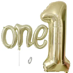 2PCS White Gold Number One Balloon Set for Boy Girl 1st Birthday Decorations