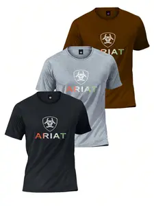 2026 Summer New Ariat Letter Print Men's Quick-Dry T-Shirt, Ice Silk Breathable Loose Fit, American Casual Versatile Half Sleeve, Multiple Colors Available