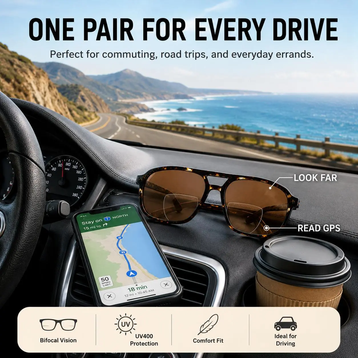 Unisex Square Tinted Bifocal Reading Sunglasses, Lightweight Sun Readers with Built-in Reading Zone and Neck Lanyard for Outdoor and Daily Use