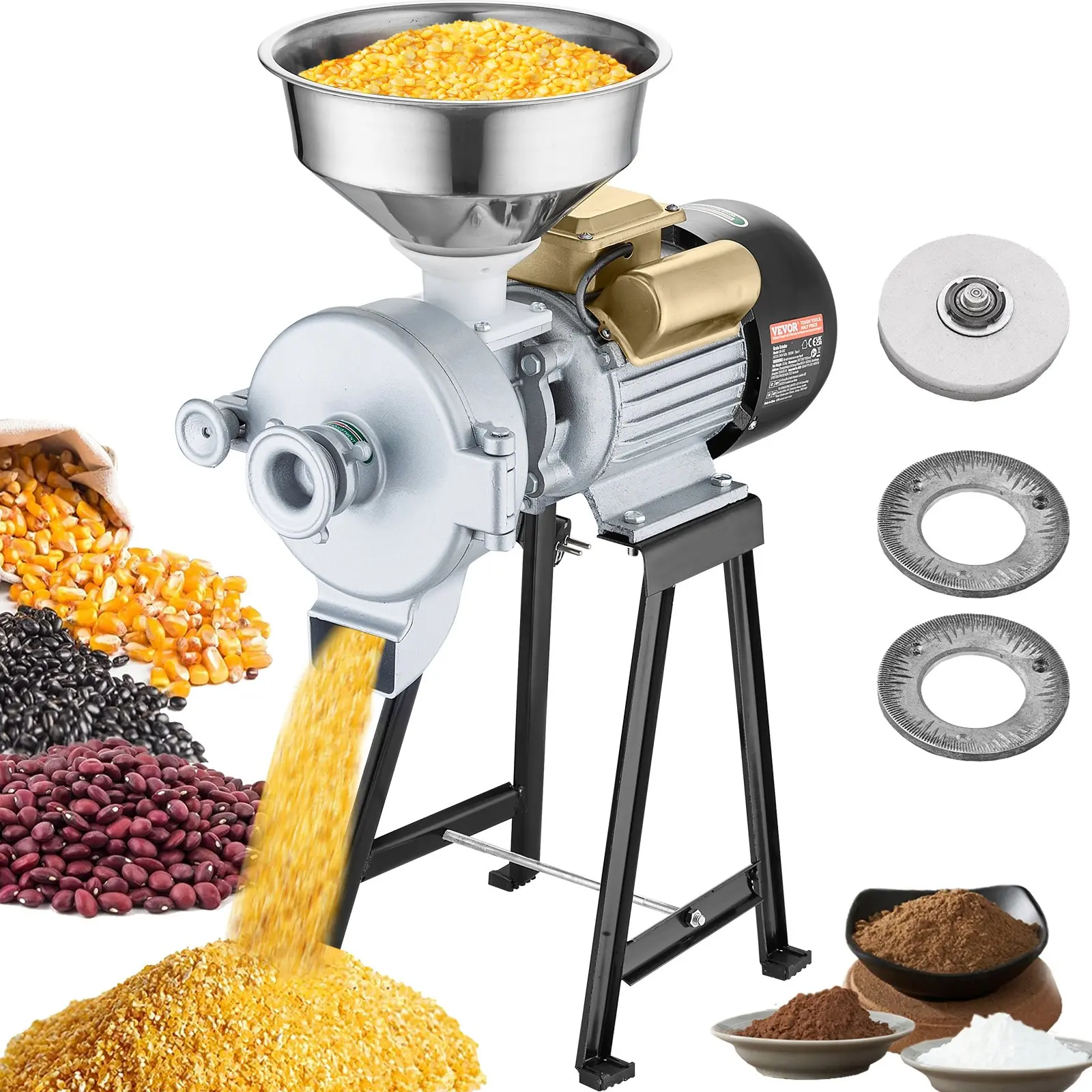 VEVOR Electric Grain Mill Grinder, 3000W Spice Grinders, Commercial Corn Mill with Funnel, Thickness Adjustable Powder Machine, Heavy Duty Feed Flour Cereal Mill Wheat Grinders, Dry & Wet Grinder Automatic Mill
