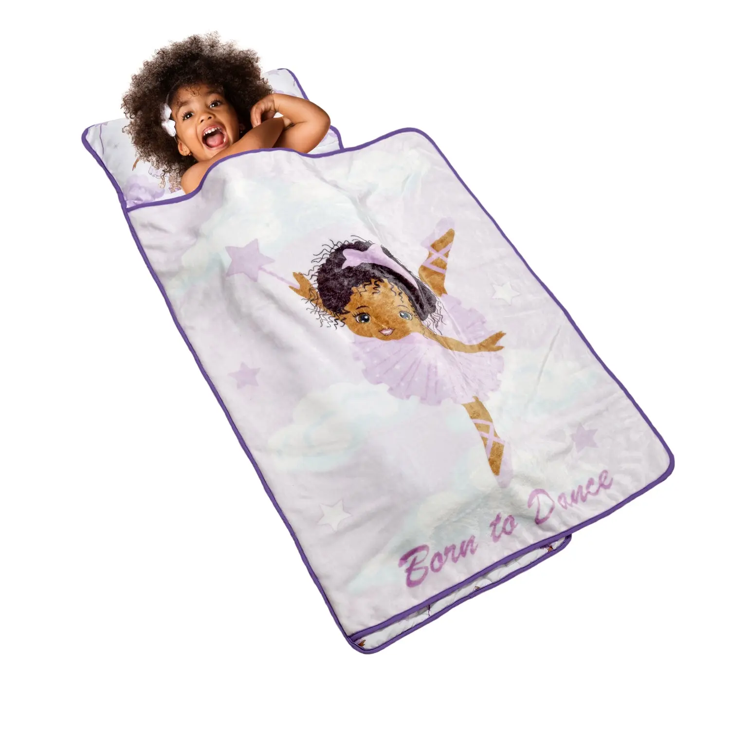 EVERYDAY KIDS Toddler Nap Mat with Removable Pillow - Born to Dance African American Ballerina - Carry Handle with Straps Closure, Rollup Design for Preschool, Daycare, Sleeping Bag - Ages 2-6