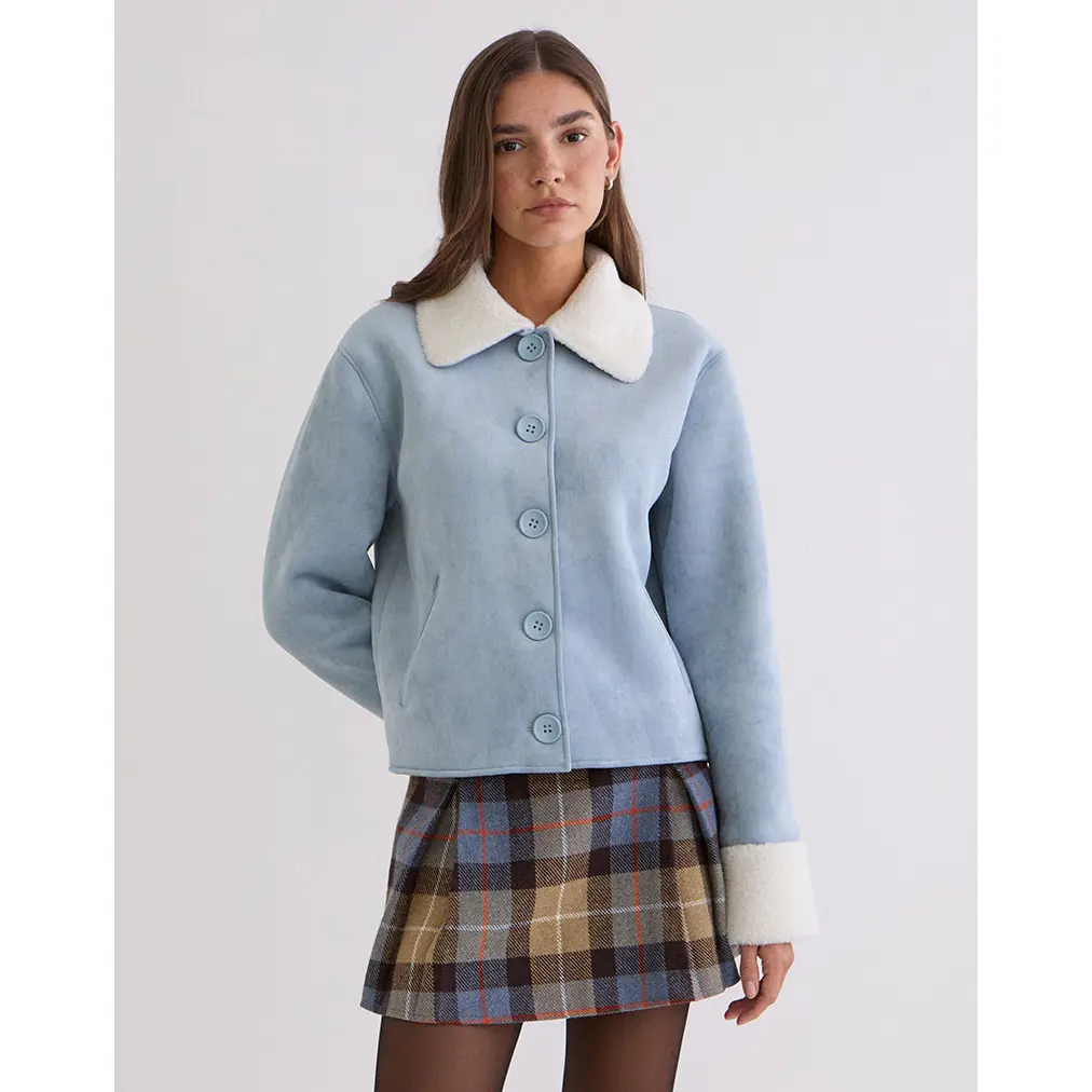 Jano Jacket in Faux Suede Blue with Borg
