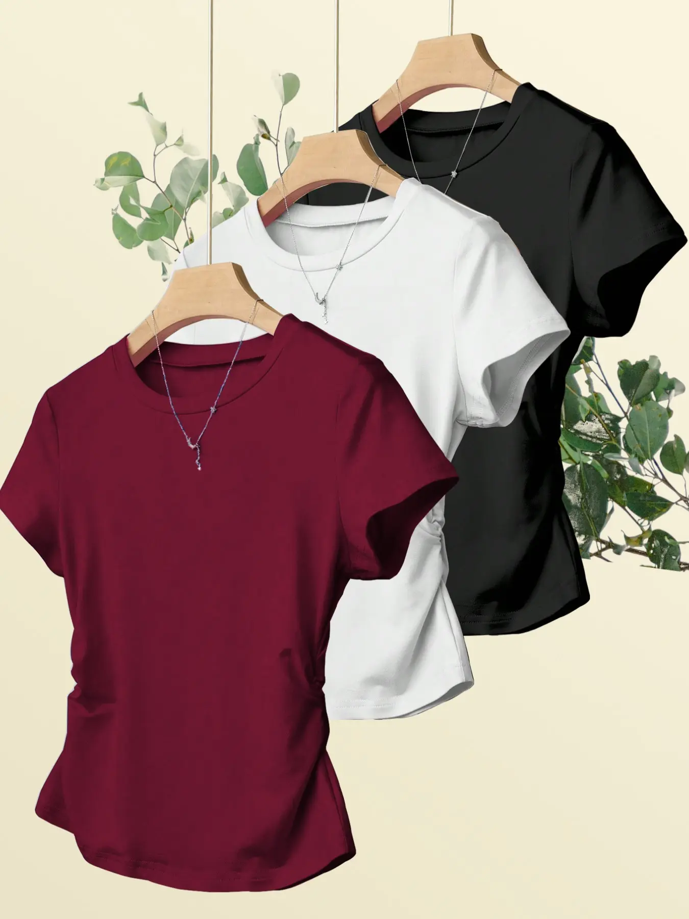 3-Pack Women's Pleated Edge Short Sleeve T-Shirts, Solid Round Neck Slim Fit Top, Casual All-Season Daily Wear, Fashionable Ladies' Clothes, Everyday