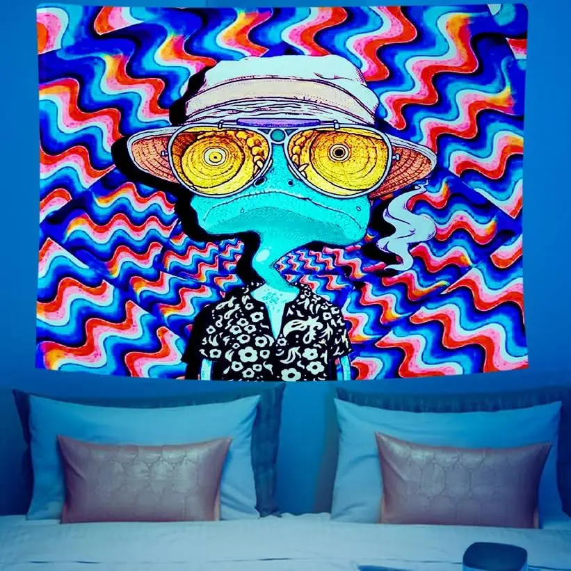 ADDWel Blacklight Frog Tapestry, Hippie Alien Tapestry Glow In The Dark, UV Reactive Black Light Upright Posters Wall Hanging for Bedroom Dorm Living Room Backdrop Decor Decoration Items Gift Floral Designs bedroom decor chill room accessories Neon