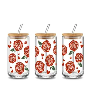 Red Rose & Heart Pattern Design 16oz Covered Straw Glass Drinking Cup, Reusable Glass Drinking Cup, High-Quality Glass Jar Design, Suitable for Iced Coffee, Beer, Juice, Fashionable Glassware. Perfect Gift for Valentine's Day，Coffee Lover, Mom, Family