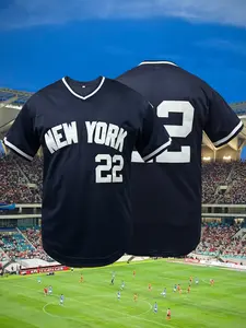 Men's Letter & Figure Patched Contrast Trim Mesh Breathable Baseball Jersey, Stylish Jersey, Loose Casual Comfortable V Neck Short Sleeve Baseball Top for Daily Wear, Sports Top for All Seasons, Baseball Shirt