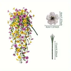 Artificial hanging purple flower plants, suitable for outdoor summer decoration. The imitation flowers and eucalyptus leaves are resistant to ultraviolet rays and have a realistic appearance. Suitable for outdoor furniture and indoor flower pots.