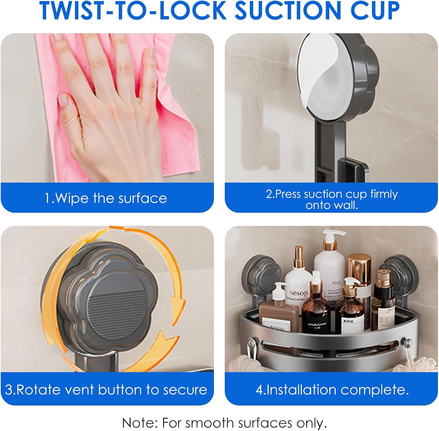 No-Drill Black Suction Corner Shower Caddy – Rustproof ABS Plastic Wall-Mounted Bathroom Organizer Rack, Space-Saving Shower Shelf