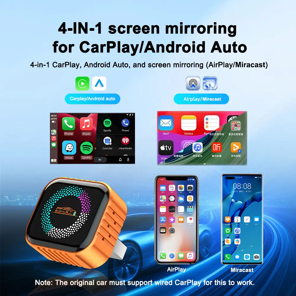 4-in-1 Wireless CarPlay & Android Auto Adapter, AirPlay Miracast Phone Screen Mirroring Dongle, Convert Wired CarPlay to Wireless, Plug and Play