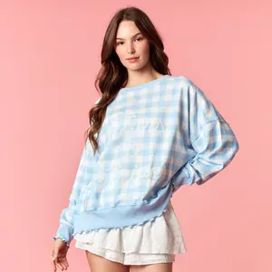 "Stars & Stripes" Ripe Embroidery Detailed Wavy Hem Detailed Gingham Sweatshirt