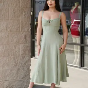 Midi Dress with Side Slit - Elegant Green Spaghetti Strap Dress for Women