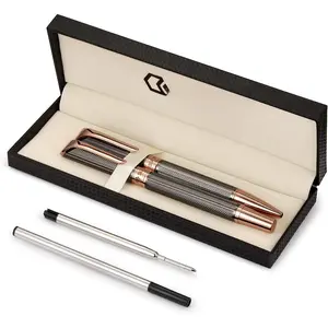 Ballpoint and Rollerball Pen Set, Stylish Line Engraved Metal Pen Elegant Smooth Writing  Pen (2 Pens with 2 Extra Refills)