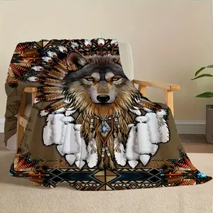 Native Indian Blanket, Wolf Feather Print Flannel Blanket, Soft Warm Throw Blanket Nap Blanket For Couch Sofa Office Bed Camping Travel, Multi-purpose Gift Blanket For All Season