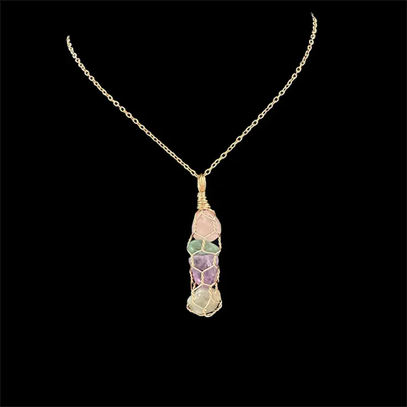 Gold Wire Wrapped Crystal Necklace - Polished Crystal Pebble Pendant - Healing Stone Unique Jewelry Gift for Grounding & Stress Relief - 18-inch Chain - Handmade Spiritual Accessory