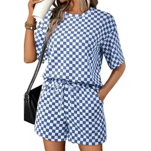 Women's 2026 New Checkerboard Print Round Neck Short Sleeve Drawstring Shorts Sportswear Set, for Sports & Outdoor Activities