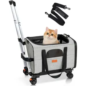 Cat Carrier with Wheels, Pet Dog Carrier with Wheels for Small Dogs, Rolling Cat Carrier for Cats Puppy, Stroller Detachable and Foldable Pet Travel Bag (Large - Light Gray)