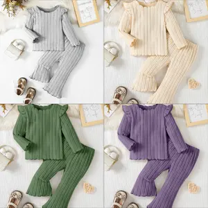 Ready Stock 6m-3y Baby Girls' Clothes Solid Color Knit Ribbed Long Sleeve Top with Bow Detail and Pants Casual Two-Piece Set Suitable for Outdoor Wear 42505012-1