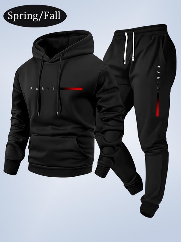 Men's Spring/Fall Paris Letter Print Hooded Sweater & Elastic Waist Drawstring Trousers Set Stylish Casual Two-Piece Gift for Husband or Boyfriend