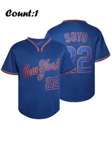 Men's Loose-Fitting Baseball Jersey, Blue Embroidered Vintage Style, Casual Daily Wear, Micro-Elastic Universal Fit, All Seasons