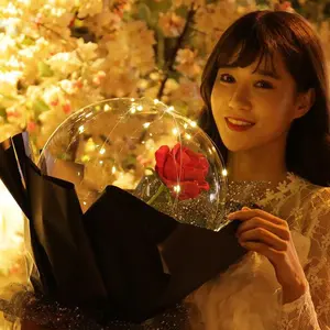 LED Rose Balloon Bouquet - Transparent Bobo Light-Up Flower Romantic DIY Gift & Party Room Décor Luminous Round Set Decoration