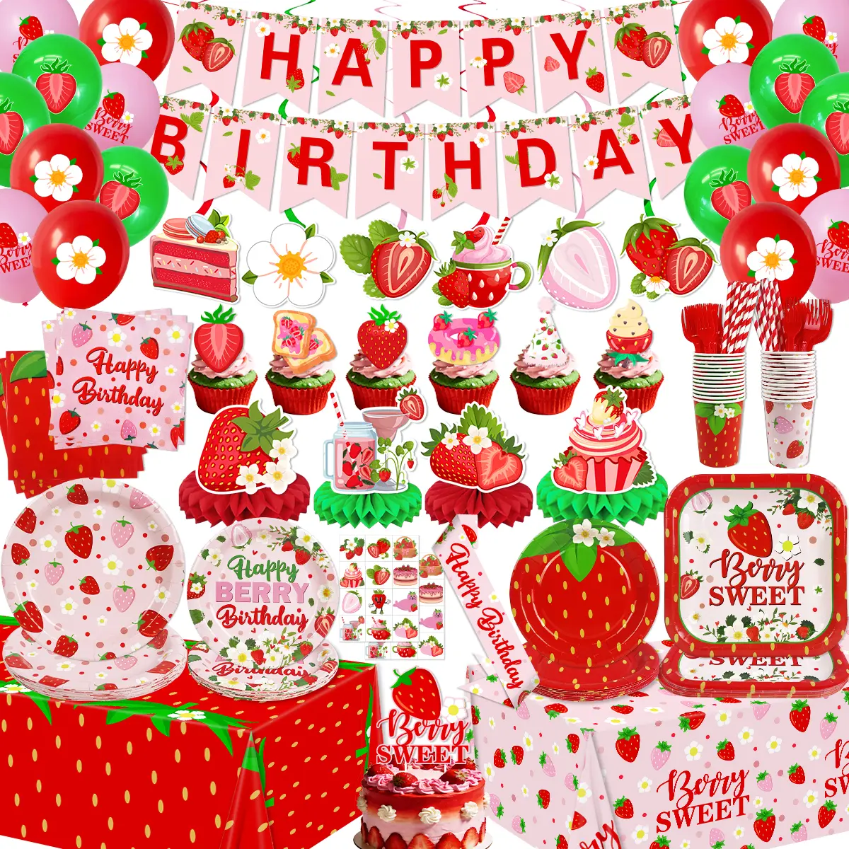 223Pcs Strawberry Birthday Decorations, Pink Berry Plates and Napkins Happy Birthday Banner Berry Sweet Tablecloth Honeycomb Cake Topper Hanging Swirls for Strawberry Party Decorations, Serve 26
