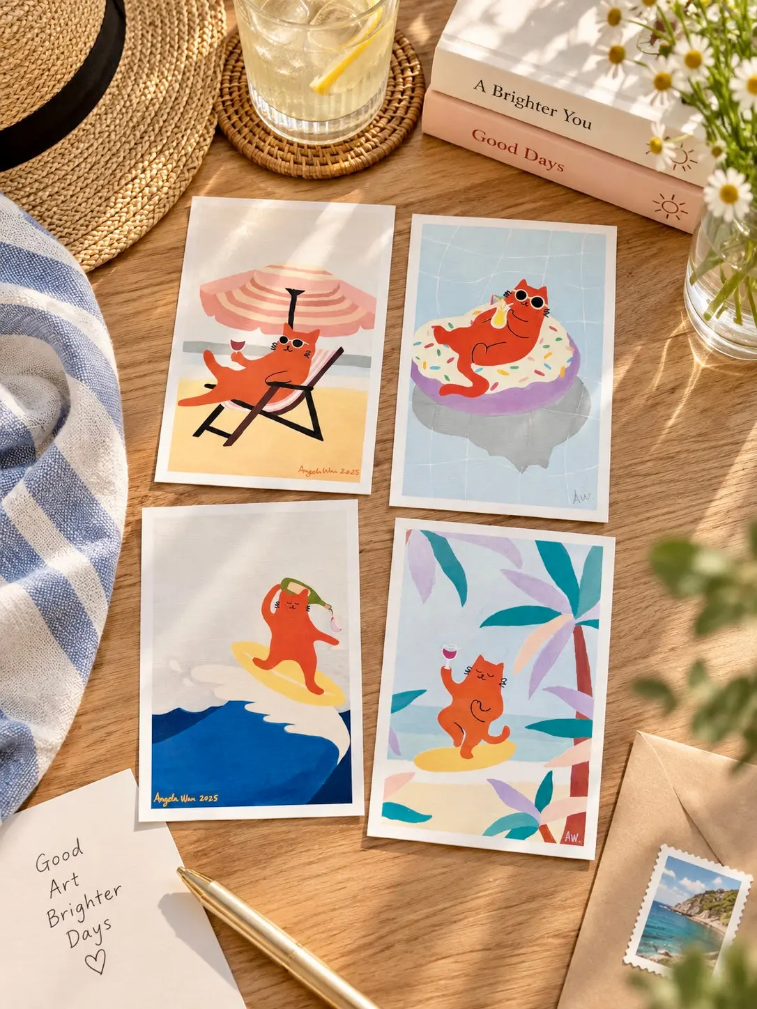 Beach Cat Postcard Set | Cute Orange Cat Summer Art Postcards