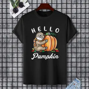 Hello Pumpkin - Cute Fall Sloth Autumn Leaves Foliage T-Shirt, 100% Cotton, Single Side Printed, Black Short Sleeve T-shirt, Gift for Family Friends, S-XXXL, 1 pc, Fabric Weight 180g