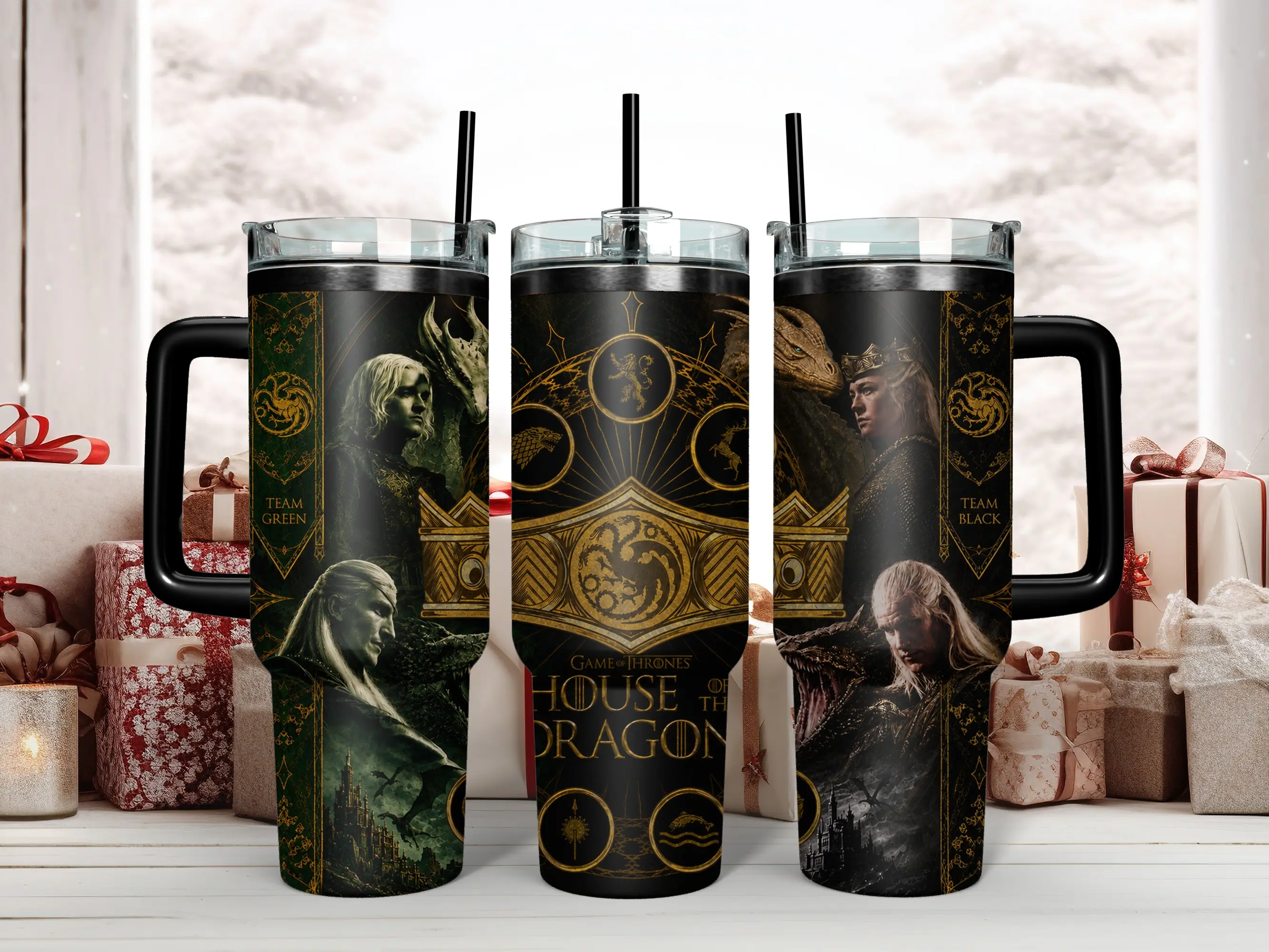 House of the Drag0n 40oz Tumbler with Handle | Team Black vs Team Green HOTD Travel Mug | Rhaenyra and Daemon Targaryen Insulated Stainless Steel Cup | Ultimate Dark Fantasy TV Show Fan Gift